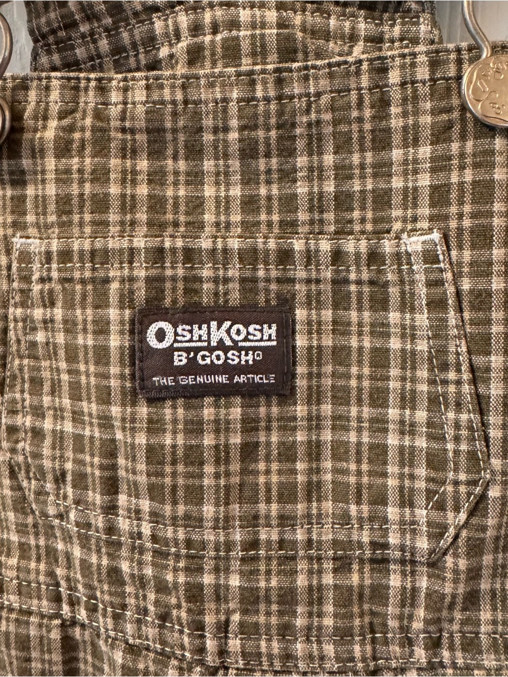 Vintage OshKosh B'gosh Plaid short Overalls Olive green check Vestbak Tide tag